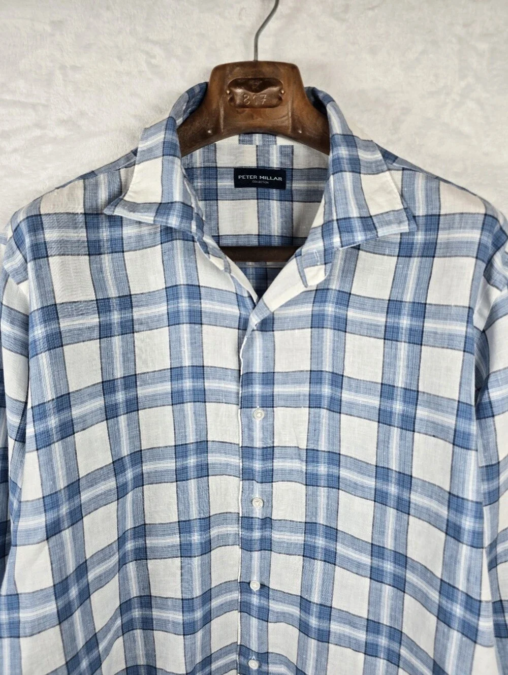 Peter Millar 100% Linen Blue Plaid Button Down Shirt Long Sleeve Sz. XL - Picture 4 of 15